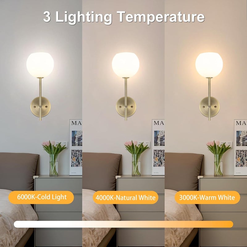 Keep Shinning Brass Battery Operated Wall Sconces Set of 2, Rechargeable Wireless Wall Lights with Milky White Frosted Glass, 12 RGB and 3CCT Dimmable, Wall Lamps with Remote for Bedroom Living Room Hallway - Image 4